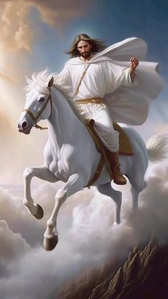 jesus riding on the back of a white horse with clouds in the sky behind him