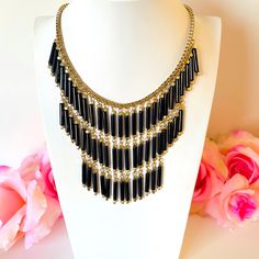 Gold And Black Bib Statement Necklace, Straw Design Beads Adjustable 18” Plus 3” Elegant Black Necklace With Dangling Beads, Black Metal Beaded Necklaces For Party, Black Metal Jewelry With Dangling Beads, Black Metal Beaded Necklace For Party, Black Beaded Metal Necklace, Black Necklaces With Dangling Beads For Gifts, Black Necklaces With Dangling Beads As Gift, Black Necklace With Dangling Beads As Gift, Adjustable Black Beaded Chain Necklace