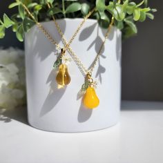 Material: Our large pears necklaces are made with glass pears and 14K gold plated necklace chain which is hypoallergenic. Size: the pendant is about 0.5" x 1.1" Food Necklace, Fruit Wedding, Fruit Necklace, Birthday Necklace, Anniversary Necklace, Flowers Summer, Xmas Holidays, Summer Fruit, Gold Plated Necklace