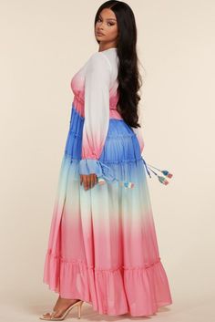 Float into the party with total elegance in this colorful chiffon maxi dress, fashioned with ruffle trim detailing and long bell sleeves. • Deep V-Neck• Ruffled Trim Detail• Tiered Flow-y Skirt• Long Sleeves• Cinched Wrists Pregnancy Dress, Ombre Maxi Dress, Skirt Long, Chiffon Maxi, Chiffon Maxi Dress, Dress Maxi, Neck Ruffle, Trim Detail, Personalized Accessories