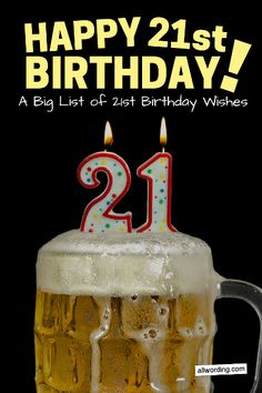 a beer mug with candles in it and the number 21 on it, says happy 21st birthday