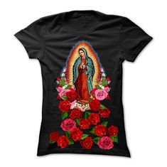 The Our Lady of Guadalupe, Saint Virgin Mary with Roses Black ladies cap sleeve T-shirt is printed in vibrant full-color on a super soft T-shirt . Perfect gift idea for lovers of La Virgen de Guadalupe, the patron Saint of Mexico featuring a stunning image of the Virgin Mary, Our Lady of Guadalupe surrounded by roses. Our Lady of Guadalupe is a powerful symbol of Mexican identity and faith. Her image is associated with everything from motherhood to feminism to social justice. The beautifully ren Black Crew Neck T-shirt With Rose Print, Black Cotton T-shirt With Rose Print, Mexican Wallpaper, Catholic Aesthetic, Ladies Cap, Bandana Outfit, Vaquera Outfit, Beautiful Tshirts, Saints Shirts