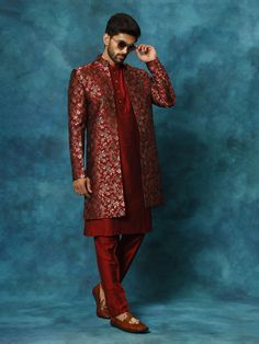 vastramay mens red jacquard indo western with maroon viscose kurta pant set Traditional Red Formal Sets, Red Sherwani With Traditional Patterns For Eid, Traditional Jacquard Sets For Formal Occasions, Fitted Red Bandhgala For Festive Season, Red Fitted Bandhgala For Festive Season, Red Sherwani With Traditional Patterns For Festivals, Traditional Fitted Red Bandhgala, Traditional Red Fitted Bandhgala, Red Bandhgala For Formal Occasions