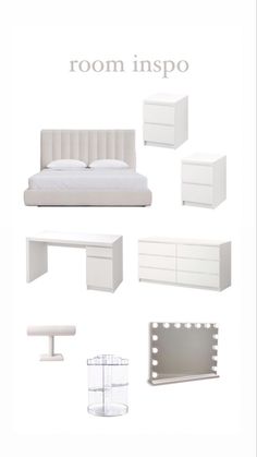 an image of a bedroom with white furniture and accessories on it's display shelf