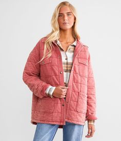 BKE Washed Shacket - Pink X-Small, Women's Washedred Quilted snap down oversized shirt jacket Bust measures 46 on size small Body length 27 on size small. Layering piece(s) and/or accessories sold separately.. Shell: 60% Cotton 40% Polyester. Polyfill: 100% Polyester. Machine wash cold with like colors. Delicate cycle. Do not bleach. Tumble dry low. Cool iron on reverse if needed.. Measurements: Bust -Fullest part of bust with arms at sides. Waist -Circumference of natural waist: above belly but Oversized Long Sleeve Quilted Jacket For Fall, Oversized Quilted Jacket With Long Sleeves For Fall, Relaxed Fit Long Sleeve Quilted Jacket For Spring, Relaxed Fit Shacket With Buttons For Winter, Casual Long Sleeve Quilted Jacket With Pockets, Casual Quilted Jacket With Pockets And Long Sleeve, Oversized Quilted Long Sleeve Outerwear, Oversized Quilted Outerwear With Long Sleeves, Oversized Red Outerwear With Pockets