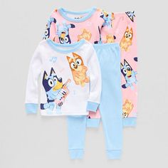 Featuring everyone's favorite cartoon, Bluey, our adorable 4-piece Bluey pajama set for toddler girls is sure to become an instant favorite with your child. It's made with breathable cotton fabric for all-night comfort. With long sleeves, crew neck, and an elastic waistband, these cozy PJs ensure easy wear, making bedtime a playful experience.# Pieces In Set: 41st Piece Description: Top1st Piece Fabric: Knit1st Piece Fiber Content: 100% Cotton1st Piece Care: Machine Wash2nd Piece Description: Pa Fun Cotton Loungewear Set, Cute Sets With Character Print For Playwear, Light Blue Cotton Pajama Party Set, Cute Playwear Sets With Character Print, Fun Character Print Loungewear Sets, Fun Loungewear Sets With Character Print, Cute Character Print Playwear Sets, Playful Cotton Pajama Sets, Fun Cotton Sleep Sets