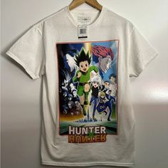 Hunter X Hunter Mens White Anime Graphic Print Round Neck T-Shirt Size Medium White Cotton Tops For Fan Conventions, White Graphic Tee For Fan Conventions, White Shirt With Character Print For Fans, White T-shirt With Character Print For Fan Conventions, White Character Print T-shirt For Fan Conventions, White Graphic Print Shirt For Fan Conventions, White Anime Print Tops For Fans, White Shirt With Anime Print For Fan Conventions, White Anime Print Top For Fan Conventions