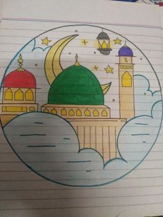 a drawing of a mosque in the middle of a paper with stars and moon on it