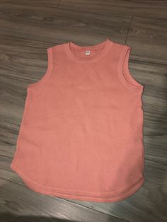 Salmon pink waffle cotton fabric sleeveless t shirt Uniqlo Size S Excellent cndition Casual Ribbed Sleeveless Top, Casual Sleeveless Muscle Tee For Loungewear, Cotton Waffle Knit Tops For Loungewear, Sleeveless Ribbed Loungewear Top, Summer Waffle Knit Top With Crew Neck, Summer Waffle Knit Crew Neck Top, Cotton Waffle Knit Tops For Summer, Spring Pink Crew Neck Tank Top, Casual Pink Waffle Knit Top