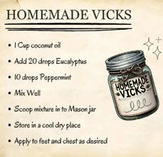 Homesteading Knowledge, Homemade Vicks, Herbal Remedies Recipes, Sick Remedies, Herbal Recipes, Healing Remedies, Natural Healing Remedies, Herbal Healing, Home Health Remedies