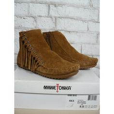 Minnetonka * Size 5.5 * Msrp: $79 * Color: Dusty Brown * Name: Willow Boots * 1" Heel * .5" Platform * Suede Leather * Microfoam Insole * Minnflex Rubber Outsole * Inner Zipper * Asymmetric Fringe Detail * Ultra Lightweight About Our Products: All Items Stated Nwt Or New Are 100% Authentic And New. Some Items Will Have Tags Cut Or A Black Line Drawn Through The Designer Name On The Tag. This Is To Prevent Retail Returns On Our Items. The Products We Offer Were Previously Available For Sale In A Moccasin Patterns, Fringe Moccasin Boots, Minnetonka Boots, Dusty Brown, Native American Clothing, Leather Bag Pattern, Shoes Diy, Dressing Rooms, Brown Eyed Girls