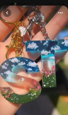 a hand holding a keychain with the letter e on it