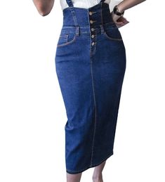 Elastic Midi Denim Pencil Skirt
Material: Jeans, very elastic material.
Please compare the size with your available clothes (not body) before buying, (1cm=0.394 inch) 
Measurement In CM




size
Waist(cm)
Hips (cm)
Skirt Length(cm)
Strap length(cm)


S
60-65
78-85
83
43


M
65-70
83-90
83.5
43


L
68-73
88-95
84
43


XL
73-78
93-100
84.5
43


XXL
78-83
98-103
85
43


XXXL
83-88
100-108
85.5
43


Attention: 1.Size may be 2cm/1 inch inaccuracy due to hand measure;
2.Color may be little different d Jean Pencil Skirt, Long Skirt Fashion, Ladies Jeans, Plus Size Denim, Midi Denim, Casual Outfit Inspiration, Denim Pencil Skirt, Denim Skirts, Teenage Fashion Outfits