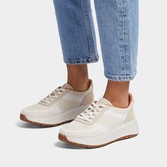 Uplift almost any outfit with our classic flatform sneakers. These refined staples fuse a sporty sneaker aesthetic with the contemporary cool of a chunky (yet lightweight) sole. Fresh. Modern. This version reworked in a soft, light, breathable, one-piece engineered knit (partly recycled from plastic bottle waste). Recreating the paneled look of the original sneaker with monochrome and two-tone areas, and boasting heel/tongue/facing suede accents. Padded throughout, thicker where you need it most on the tongue and collar. On a flatform-version of our triple-density Microwobbleboard™ midsole – delivering unbeatable ergonomics, cloud-like cushioning (and a little extra height). Elevated style. Serious comfort. Scotchgard™ protected. Two-tone knit in Urban White/Paris Beige. As part of our e01 Sporty Suede Platform Sneakers With Rubber Sole, Casual Low-top Platform Sneakers With Removable Insole, Mid-top Cotton Platform Sneakers With Rubber Sole, Low-top Suede Wedge Sneakers, Low-top Suede Platform Sneakers With Rubber Sole, Vacation Sandals, Flatform Sneakers, Sporty Sneakers, Clog Boots