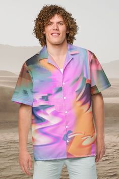 Check out this bold button-down shirt with a trendy oversized fit, that works well for outfit layering! Discover the ultimate summer essential with our "Nanoscape" Abstract pink Hawaiian Shirt. Perfect for those who appreciate pixel futurism art and crave a bold addition to their urban streetwear collection. Crafted from featherlight, moisture-wicking material, this shirt ensures you stay cool and comfortable in any setting, making it ideal for EDM festivals, casual outings, or simply enhancing Multicolor Button-up Summer Shirt, Multicolor Hawaiian Shirt With Buttons For Summer, Multicolor Abstract Print Shirt For Beach, Multicolor Button-up Vacation Shirt, Multicolor Button-up Shirt For Vacation, Trendy Multicolor Summer Shirt, Trendy Collared Shirt With Abstract Print, Oversized Modern Summer Shirt, Modern Oversized Summer Shirt