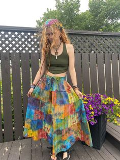 Handmade Tie Dye Boho Hippie Patchwork Long Skirt Made from up-cycled cotton fabric. Super comfy, loose fit.  Elastic waist with drawstring.  Different tie dyed patches are stitched together to give a rough grunge trendy in season look, which makes this skirt unique and attractive. Wear as a casual outfit, travel , perfect for festivals. ONE SIZE approximate measurements: Length- 36" Waist- 26"( stretch up to 38") Hand wash in cold water separately , line dry, warm iron. Each piece is stitched u Patched Skirt Outfit, Hippy Outfits Women, Hippy Skater Outfits, Long Hippie Skirt, Boho Skirts Outfit, Hippie Core Outfits, Boho Earthy Style, Indi Clothes, Outfit Boheme