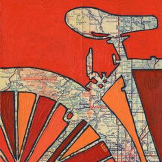 a painting of a bicycle on a red background