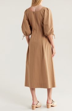 Layer and accessorize this smart midi dress however you want for a look that easily switches from the 9-to-5 to after-hours-ready in seconds. 50 1/2" length Sweetheart neck Elbow-length sleeves Unlined 90% cotton, 10% linen Hand wash, line dry Imported Tan Midi Dress, Sweetheart Neck, Elbow Length Sleeve, Nordstrom Store, Anniversary Sale, Midi Dresses, Nordstrom Rack, Cotton Blend, Hand Wash