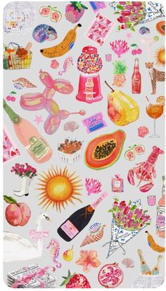 a bunch of stickers that are on top of a white surface with flowers and fruit