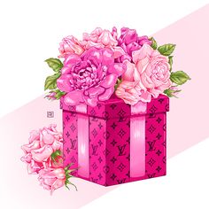 a pink gift box with flowers on it