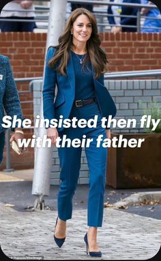 a woman in blue is walking down the street with her hand on her hip and text that reads, she enlisted then fly with their father