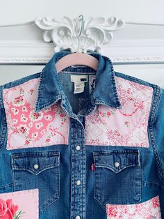 Spring Denim Top With Patchwork, Fitted Pink Denim Top, Pink Fitted Denim Top, Spring Cotton Tops With Patches, Medium Wash Cotton Denim Top With Patchwork, Medium Wash Denim Top With Patchwork, Medium Wash Floral Embroidered Cotton Denim Top, Floral Embroidery Cotton Denim Top In Medium Wash, Embroidered Medium Wash Denim Cotton Top