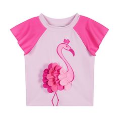 Get your little girl ready for a day of fun in the sun with this adorable Pink Flamingo Short Sleeve Rashguard Set! Featuring a cute flamingo graphic on the front and vibrant pink shorts, this set is not only stylish but also provides UPF 50+ sun protection. Made with comfortable and durable material, it's perfect for all her beach or pool adventures. Don't miss out on this must-have summer outfit! Summer Playwear Tops With Uv Protection, Summer Uv Protection Tops For Playwear, Summer Tops With Uv Protection And Short Sleeves, Summer Short Sleeve Tops With Uv Protection, Casual Summer Swimwear With Character Print, Playful Graphic Print Swimwear, Summer Pink Swimwear With Graphic Print, Summer Vacation Tops With Character Print, Playful Pink Printed Swimwear