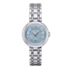 This Tissot Bellissima ladies' dress watch is a stunning piece of craftsmanship that combines elegance, style and functionality. This timepiece features a stainless steel bracelet and a 26MM case, giving it a sleek and sophisticated look, and the blue mother of pearl dial adds a touch of luxury and uniqueness to the design. This watch also boasts Swiss quartz movement, which ensures accurate timekeeping, and a sapphire crystal that is known for its scratch-resistant properties. With a water resi Small Watches Women, Tissot Watches, Small Watch, Small Lady, Blue Cases, Women's Watch, Watch Case, Wrist Watches, Steel Blue