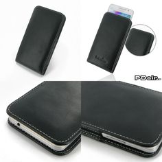 a black leather case for a cell phone with a white stitching on the side