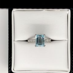 M A T E R I A L S ~ 14k Solid Rose Gold, Yellow Gold, White Gold S T O N E S & D I M E N S I O N S ~ Center Aquamarine : 2.50 ct (9 x 7 mm) ~ Side Diamonds 0.30ctw ~ Band: 1.5-2.0mm each G R A D I N G Round Brilliant Natural Diamonds ~ Shape: Round Brilliant ~ Color:  H ~ Clarity: VS-SI ~ Cut: Excellent P A C K A G I N G ~ Safety: All orders will come in an elegant and sturdy teal jewelry box to ensure your rings safety as it travels to you. The reality is that shippers can be quite rough with packages which is why I've picked the perfect box ensuring that ring will not be able move around and will stay in place until it reaches you. ~ Wrapping: The packaging consists of a teal high quality ring box that is placed inside a white gift box and decorated with a bow. See the last photo in the Luxury White Gold Ring With Aquamarine, Luxury White Gold Aquamarine Ring, Luxury Aquamarine Rings With Prong Setting, Formal Aquamarine Diamond Ring With Prong Setting, Luxury Gia Certified Blue Topaz Rings, Classic White Gold Aquamarine Rings, Asscher Cut Blue Topaz Gemstone Rings, Luxury Gia Certified Aquamarine Ring, Elegant Gia Certified Aquamarine Rings