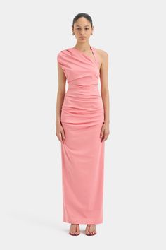 Giacomo Gathered Gown | Women's Open Back Dresses | SIR. Fitted One Shoulder Pre-draped Dress With Ruched Bodice, Asymmetrical Maxi Dress With Ruched Bodice For Gala, Fitted One Shoulder Maxi Dress With Ruched Bodice, Pink One-shoulder Dress With Asymmetrical Neckline For Gala, Pink One Shoulder Dress With Asymmetrical Neckline For Gala, Evening Maxi Dress With Asymmetrical Neckline And Ruched Bodice, One Shoulder Ruched Fitted Gown, Asymmetrical Neckline Maxi Dress With Ruched Bodice For Evening, Fitted Pink One Shoulder Dress For Evening