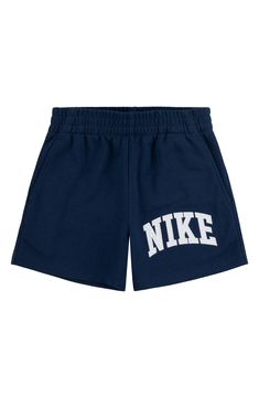 Soft and sporty, these logo-appliquéd sweat shorts made with breathable cotton feature handy pockets and keep your kid comfortable at playtime and down time. Elastic waist Front slant pockets 60% cotton, 40% polyester Machine wash, tumble dry Imported Nike Cotton Activewear With Built-in Shorts, Athletic Letter Print Shorts, Nike Casual Activewear For Sports, Nike Casual Activewear For Sports Events, Casual Nike Activewear For Sports Events, Sporty Cotton Bottoms With Logo Print, Streetwear Cotton Shorts With Logo Print, Cotton Shorts With Logo Print, Nike Cotton Activewear With Logo Print