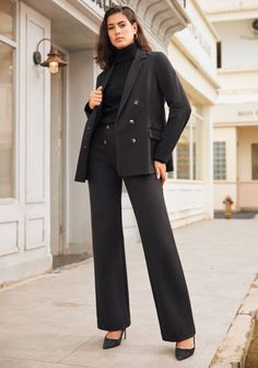 Breeze through your workday in the Double-Breasted Blazer, where fashion meets function. Enjoy the comfort of 4-way stretch fabric, the convenience of wrinkle resistance, and the utility of two pockets. Of course, they match back perfectly to your favorite Dress Pant Yoga Pants. Relaxed, boxy fit through chest, waist and hips. Featuring two functional welt pockets, 6-button placket detail, and a vent at the back hem. 28 inches from top of shoulder to hem, 24-inch sleeves (size small). Model wear Black Turtleneck With Blazer, Turtleneck And Blazer, Sarah Grace, Bust A Move, Ponte Fabric, Vest Blazer, Refined Style, Black Vest, Black Turtleneck