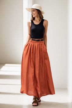 "This elegant orange linen skirt exudes a sense of vibrant sophistication. The skirt's lightweight fabric falls gracefully, creating a fluid silhouette that moves with the wearer. More Color : https://etsy.me/446pKjV DETAIL * 50% linen, 50% cotton  * Has no lining, Not see through * Pleated around waist * Two pockets * Belt loops on waistband * Right Side zipper closure * Perfect for spring and summer, autumn * Choose CUSTOM Order if you Can't find your size in our size Chart Change the Style Chang the Length Your Height is not Between 5'1\" - 5\"9\" Your weight is not Between 47 kg - 75 kg SIZE GUIDE Size vary between Brand and Country Please get your body measurement with our Size Guide And Find your size in our Size Chart SIZE CHART https://www.etsy.com/listing/736813677/ This Video of Orange Flared Maxi Skirt For Summer, Orange Maxi Skirt For Summer, Summer Orange Long Skirt, Chic Linen Fall Skirt, Flowy Orange Maxi Skirt For Summer, Chic Orange Maxi Skirt For Summer, Linen A-line Pleated Skirt, Orange Lined Maxi Skirt For Spring, Orange Midi Skirt For Summer