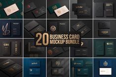 20 business card mockup templates with gold foil and black paper on the bottom