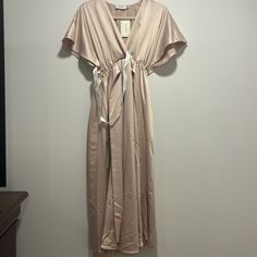 Brand New With Tag Attached, No Rips/Stains, Color: Blush (Light Pink), Size: 6 Spring Satin Midi Dress With Tie Waist, Spring Satin Maxi Dress With Short Sleeves, Elegant Short Sleeve Maxi Dress, Long Satin Maxi Dress For Summer, Chic Loungewear Dress With Tie Waist, Elegant Short Sleeve Midi Dress For Loungewear, Spring Beige Maxi Dress For Loungewear, Spring Loungewear Dress With Tie Waist, Spring Long Satin Maxi Dress