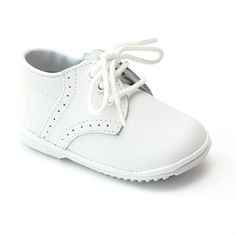 These white leather lace up oxfords will look adorable on your little gent! Leather upper Lace up front Perforated trim on saddle Rubber outsole Note: Sizes 1-3 (Baby); 4-7 (Toddler) *Please note Angel baby shoes tend to run big. We highly recommend you check your child's foot length against the size chart to find the correct size. Size Chart (in-sole length, measured from inside): Size 1 2 3 4 5 6 7 Inches 4.25 4.56 4.86 5.25 5.44 5.81 6.13 White Lace-up Shoes With Brogue Detailing, White Round Toe Oxfords For Spring, Spring White Round Toe Oxfords, White Brogue Lace-up Shoes With Round Toe, White Lace-up Oxford Shoes, Spring White Wingtip Oxfords, White Plain Toe Oxfords For Spring, White Closed Toe Lace-up Shoes With Rubber Sole, Spring White Oxfords With Brogue Detailing