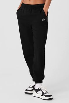 Muse Sweatpant - Black | Alo Yoga Trendy Joggers With Ribbed Waistband For Loungewear, Casual Alo Yoga Sweatpants With Ribbed Waistband, Casual Alo Yoga Bottoms With Ribbed Waistband, Alo Yoga Casual Bottoms With Ribbed Waistband, Sporty Alo Yoga Joggers For Loungewear, Alo Yoga Relaxed Fit Activewear With Ribbed Waistband, Alo Yoga Athleisure Loungewear Bottoms, Alo Yoga Athleisure Bottoms For Loungewear, Cozy Sweatpants With Ribbed Waistband