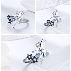 This adorable Fairy Jewelry in solid sterling silver is perfect for the lady who likes a little magic in her world. Is that you? This is the set for you! You may choose the individual pieces as well or save a little and buy the set. The Fairy is so cute and her blue twinkly stars make it look amazing. This will be a beautiful addition to your jewelry collection and one you'll enjoy for many years to come. Sterling silver will keep shining and looking new with proper care. The ring is an open sty Stars Jewelry, Keep Shining, Fairy Ring, Celestial Ring, Fairy Jewelry, Popular Fashion, Star Jewelry, Her World, The Fairy