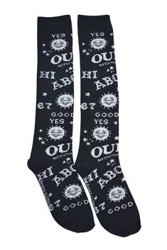 Gothic Girl Black Ouija Board Knee High Socks - Spirit Board black Socks #Skelapparel #KneeHighs Trendy Black Cotton Knee-high Socks, Casual Black Knee-high Socks For Streetwear, Black Knee-high Socks For Streetwear, Black Cotton Knee-high Socks For Winter, Black Knee-high Socks For Winter Streetwear, Comfortable Black Knee-high Socks For Gifts, Trendy Black Socks With Letter Print, Comfortable Black Cotton Socks, Ouija Board Art