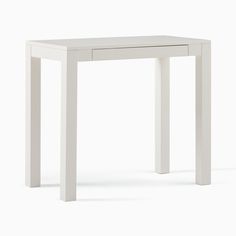 a white table with two legs and a drawer on the top, in front of a white background