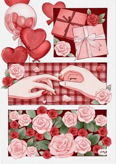 valentine's day card with roses, hearts and gift boxes in pinks on white paper