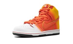 The Nike SB Dunk High "Sweet Tooth" is a colorway of the retro skate shoe inspired by candy corn.  The “Sweet Tooth” celebrates Halloween by nodding to one of the whimsical holiday’s most recognizable candy treats in a bold tri-color makeup.  More specially, white leather is seen on the perforated toe while orange leather appears on the mid-panel area, that then transitions into yellow at the collar and heel.  Additional nods to Halloween include an illustration of a tooth with a piece of candy Nike Sb Dunk High, Sb Dunk High, Candy Treats, Color Makeup, Dunk High, Nike Sb Dunk, Skate Shoe, Nike Sb Dunks, Stadium Goods