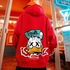 Hip Hop Concert, Cartoon Hoodie, Duck Print, Animal Hoodie, Graphic Crop Top, Cute Duck, Men Plus Size, Outfit Shop, Loose Pullover