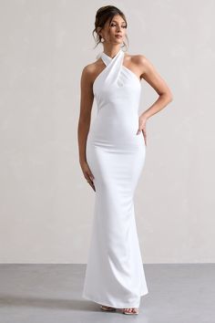 Unbeatable White Satin Cross Over Halter-Neck Maxi Dress – Club L London - USA Bridesmaid Attire, Halter Neck Maxi Dress, Exude Confidence, Black Dress Prom, Fishtail Skirt, Black Tie Gala, Party Dress Long Sleeve, Skirt Maxi, Christmas Party Dress