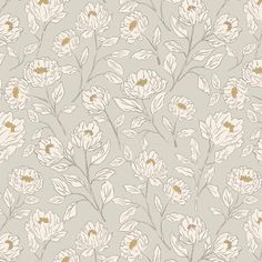 a floral wallpaper with white flowers and gold leaves on a gray background, seamlessly