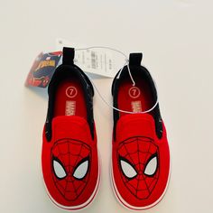 Size: 7 Color: Red, Black, & White Nwt Slip On Marvel Spiderman Purchased For A Friend Too Small So Cute Thank You For Viewing My Closet Metallic Birkenstocks, Superman Shoes, Spiderman Shoes, Mickey Mouse Slippers, Pony Sneakers, Homemade Clothes, Galaxy Vans, Backyard Trampoline, Water Shoes For Kids