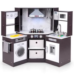 a toy kitchen with white appliances and dark wood cabinets, including a stove top oven