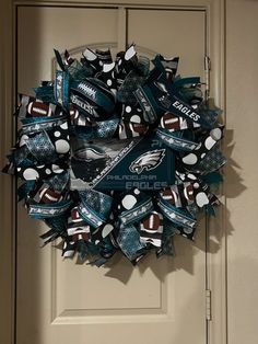 a football wreath hanging on the front door