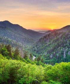 the sun is setting in the mountains with green trees on each side and hills to the left